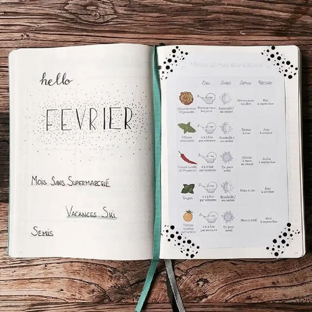 Monthly planner for February, featuring No Supermarkets Month and ski vacation ideas, on a wooden background.