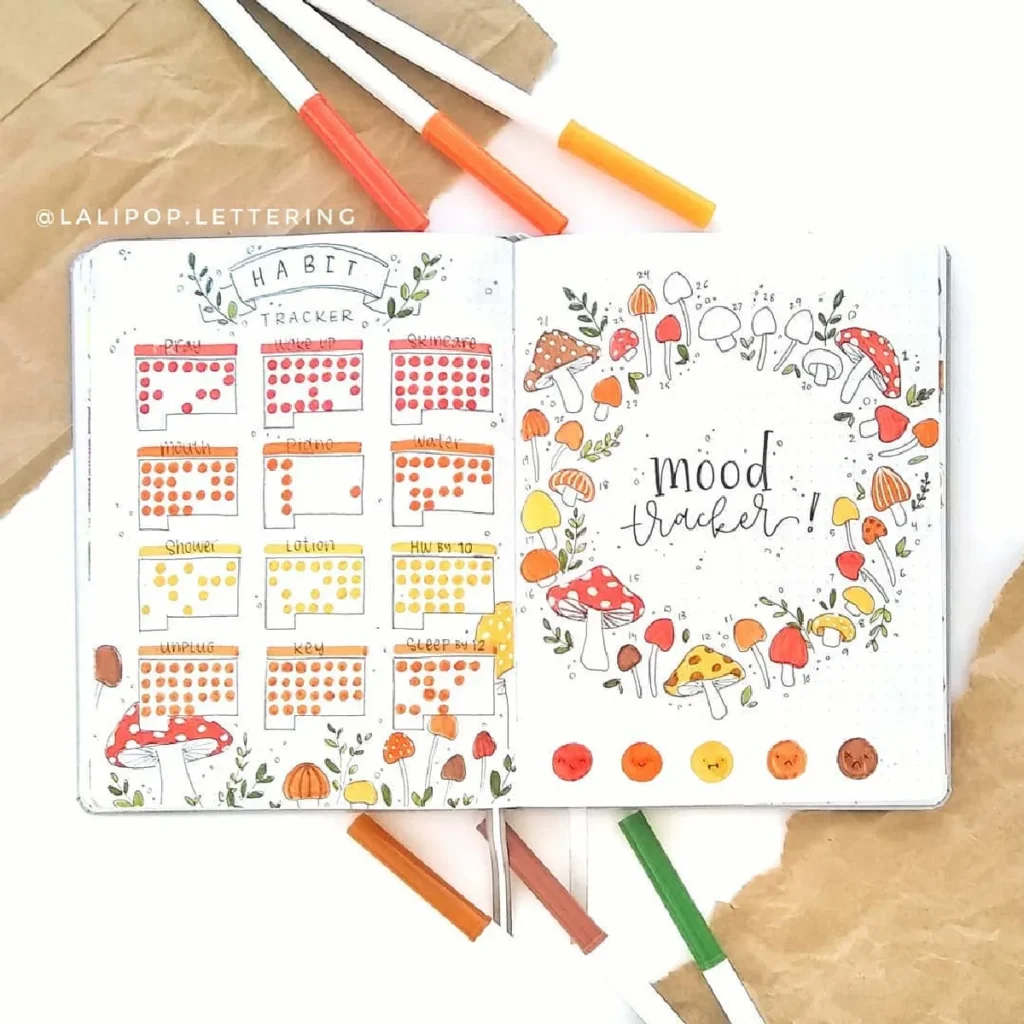 Colorful bullet journal page featuring a habit tracker and mood tracker with mushrooms and floral designs.