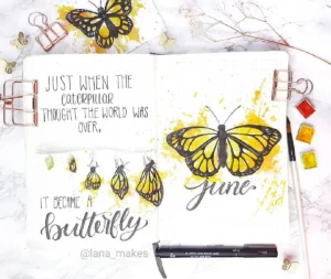 Artistic bullet journal page featuring a butterfly illustration, motivational quote, and June decoration in vibrant colors.
