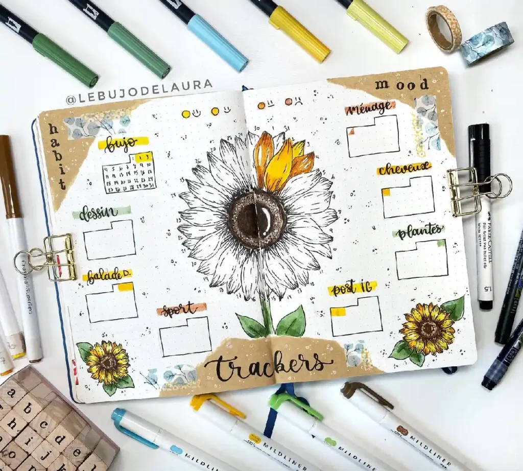 Open bullet journal spread featuring habit and mood trackers with sunflower illustrations and colorful pens.