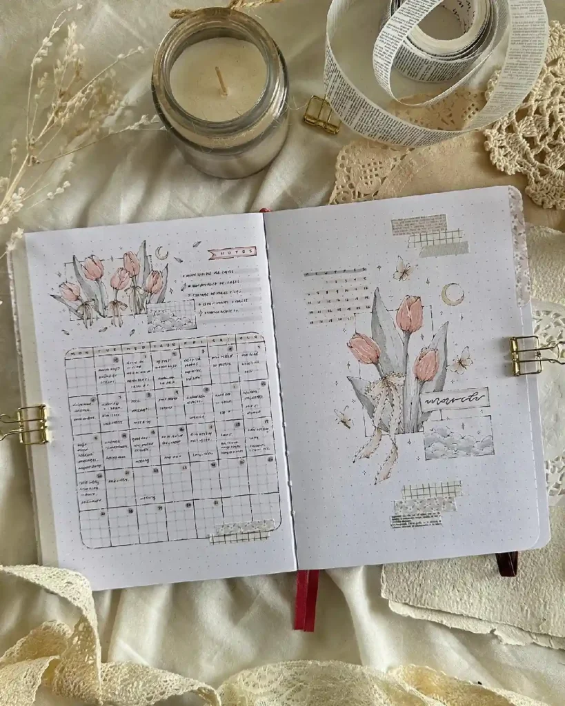 Beautiful bullet journal spread featuring tulip illustrations, a calendar, and decorative elements on a cozy background.