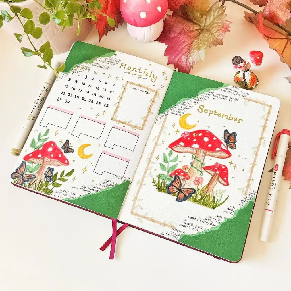 Colorful bullet journal spread for September, featuring mushrooms, butterflies, and a monthly calendar layout.