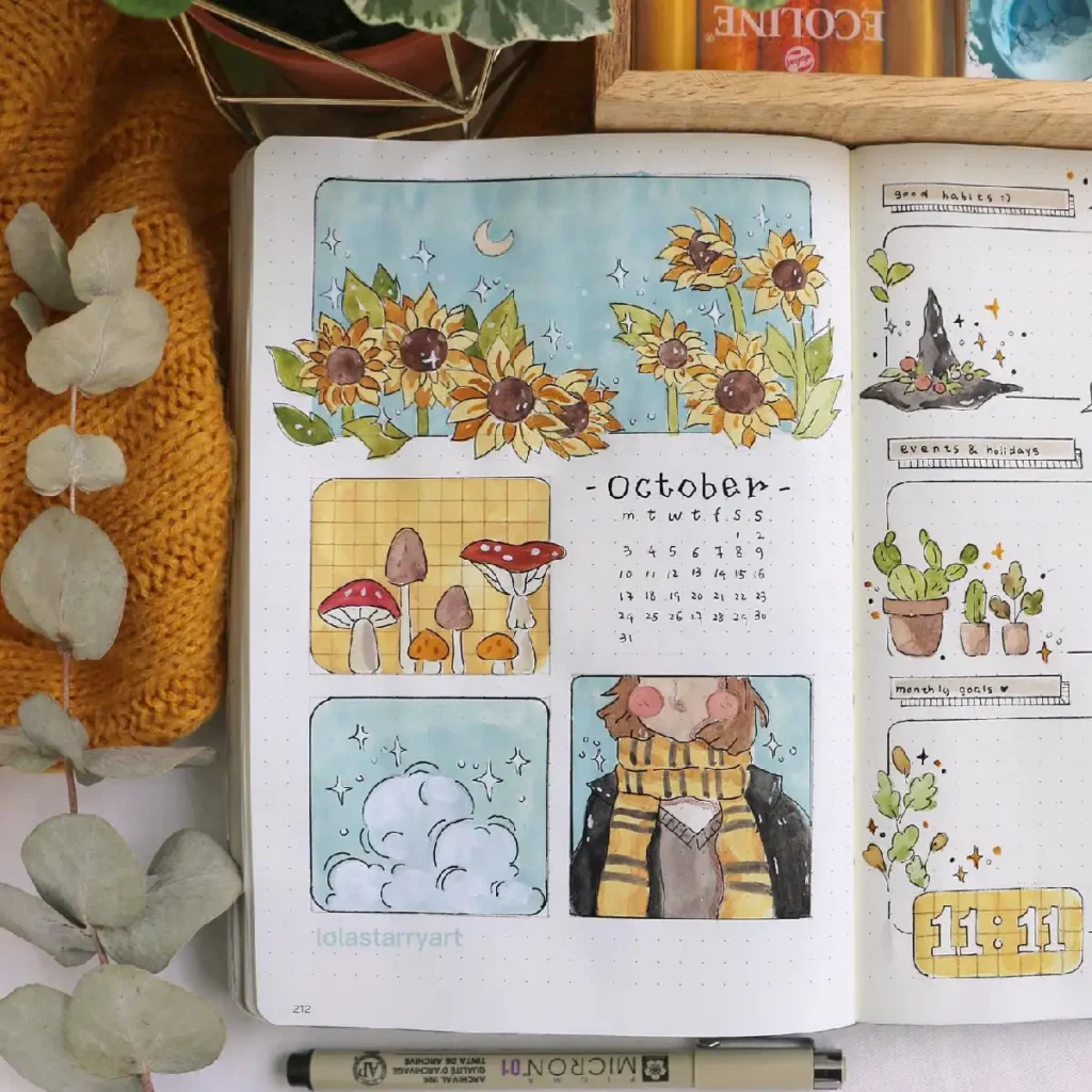 Colorful October bullet journal pages featuring sunflowers, mushrooms, goals, and a cozy character in a scarf.
