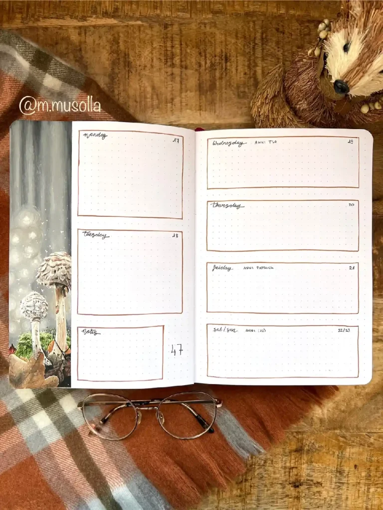 Bullet journal layout for a productive week, featuring notes, dates, and decorative mushrooms. Perfect for organization!