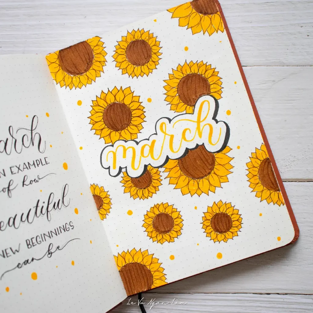 Colorful bullet journal page featuring sunflowers and the word 'March' in a playful, handwritten style.
