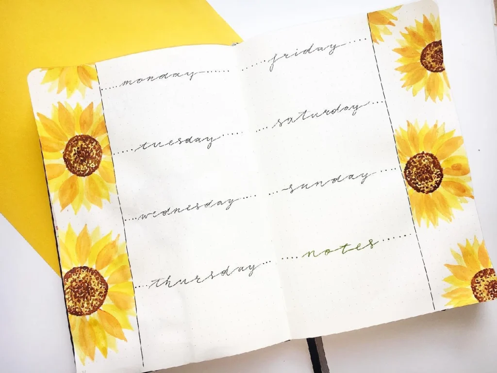 Weekly planner page with handwritten days and vibrant sunflower illustrations, perfect for organizing notes and schedules.
