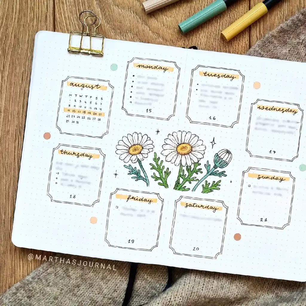Bullet journal page for August featuring floral illustrations and weekly layout for effective planning and organization.