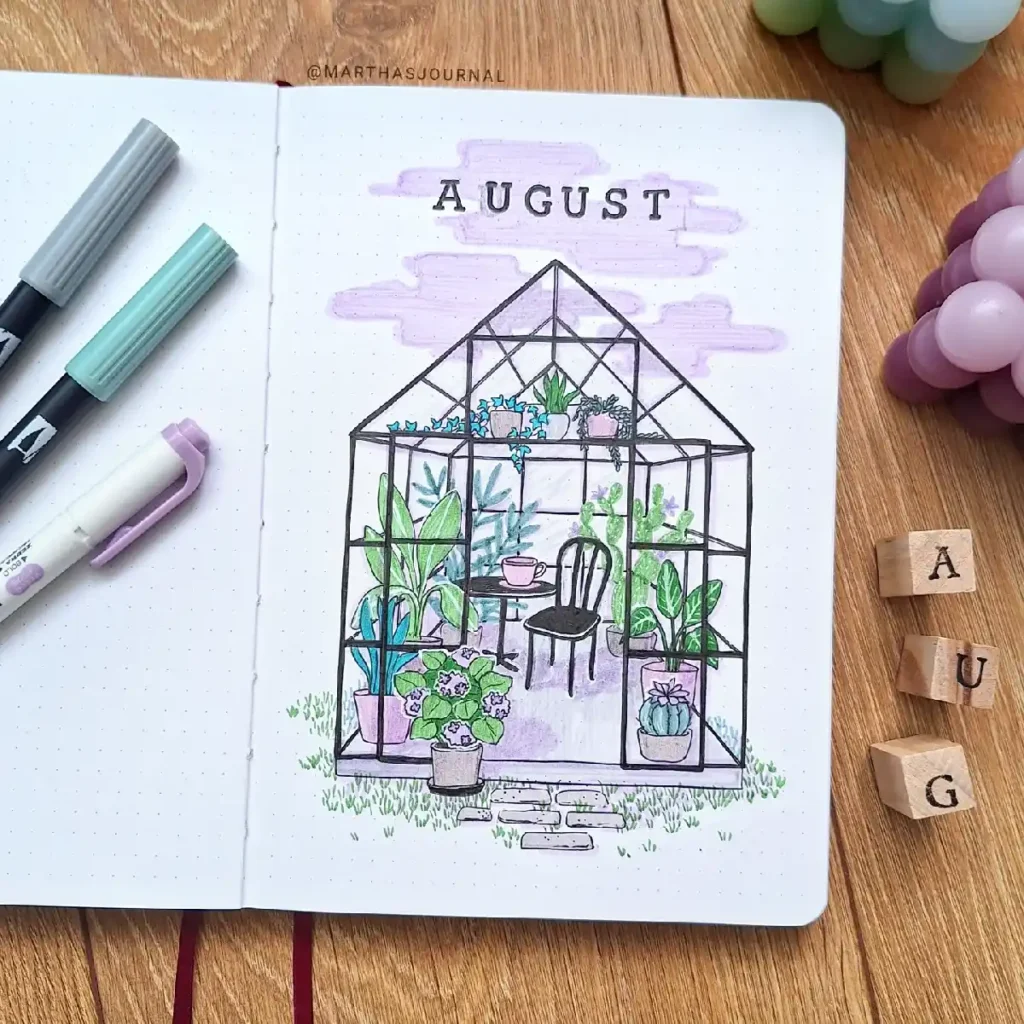 Colorful bullet journal page for August featuring a whimsical greenhouse filled with plants and a cozy chair.
