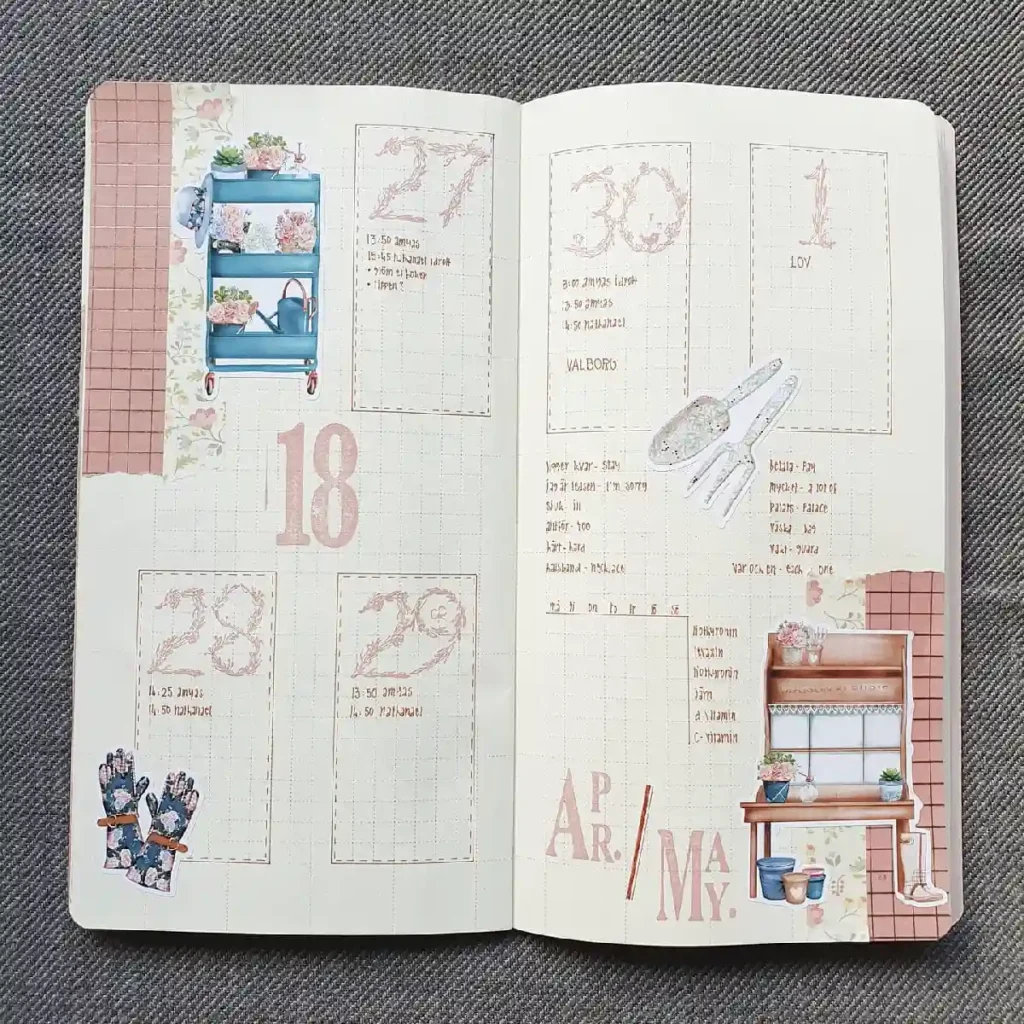 Open bullet journal pages for April, featuring decorative elements like plants, utensils, and artistic layouts.