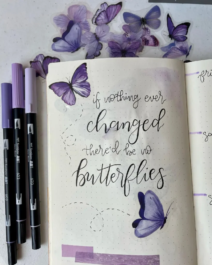 A creative journal page featuring purple butterflies and an inspirational quote about change and transformation.