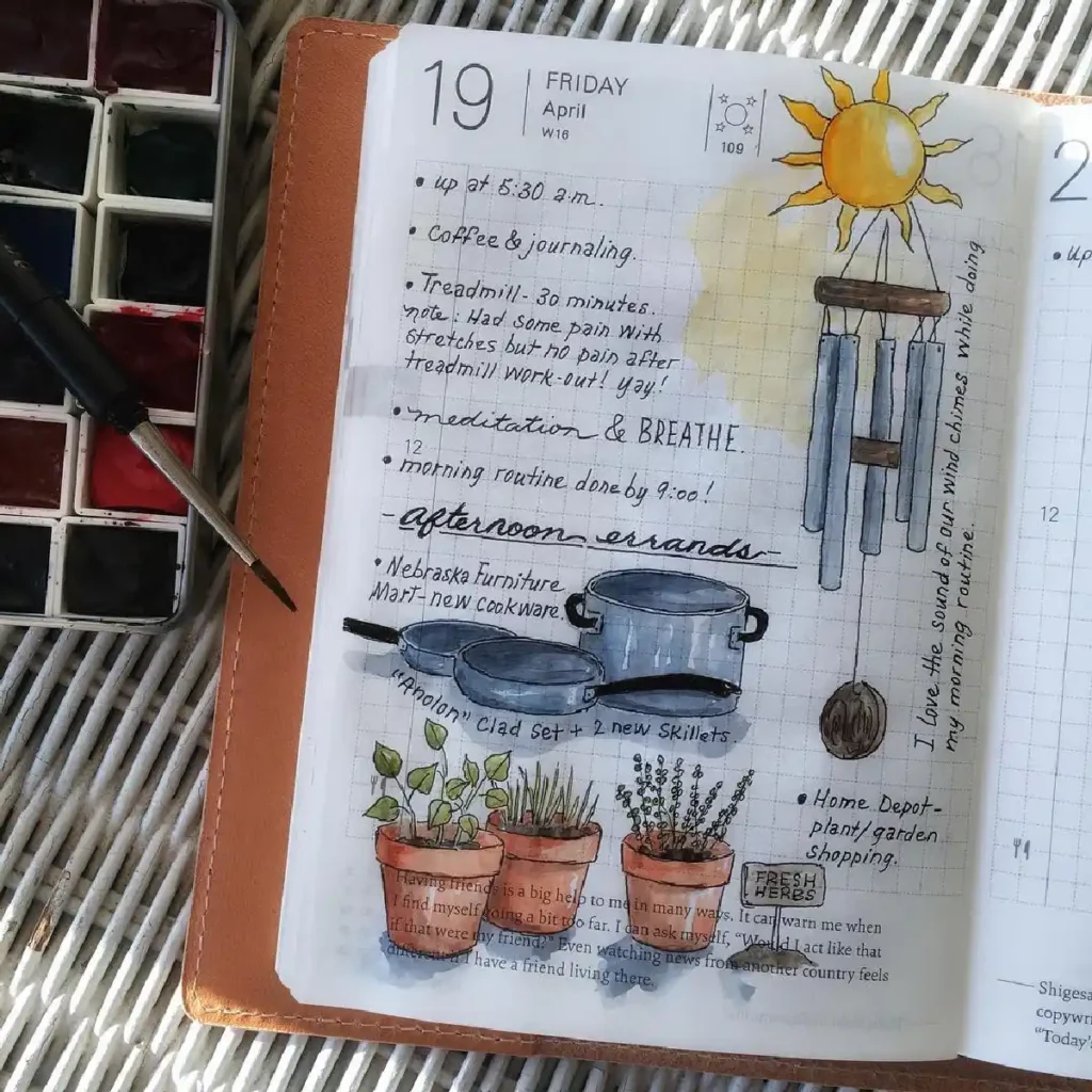 A journal entry featuring daily tasks, meditation, planning, and watercolor illustrations of pots and cookware.
