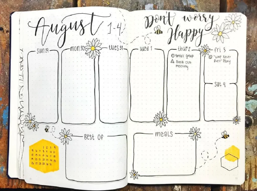 Handwritten bullet journal page for August 1-4, featuring floral doodles and sections for planning weekly tasks and meals.