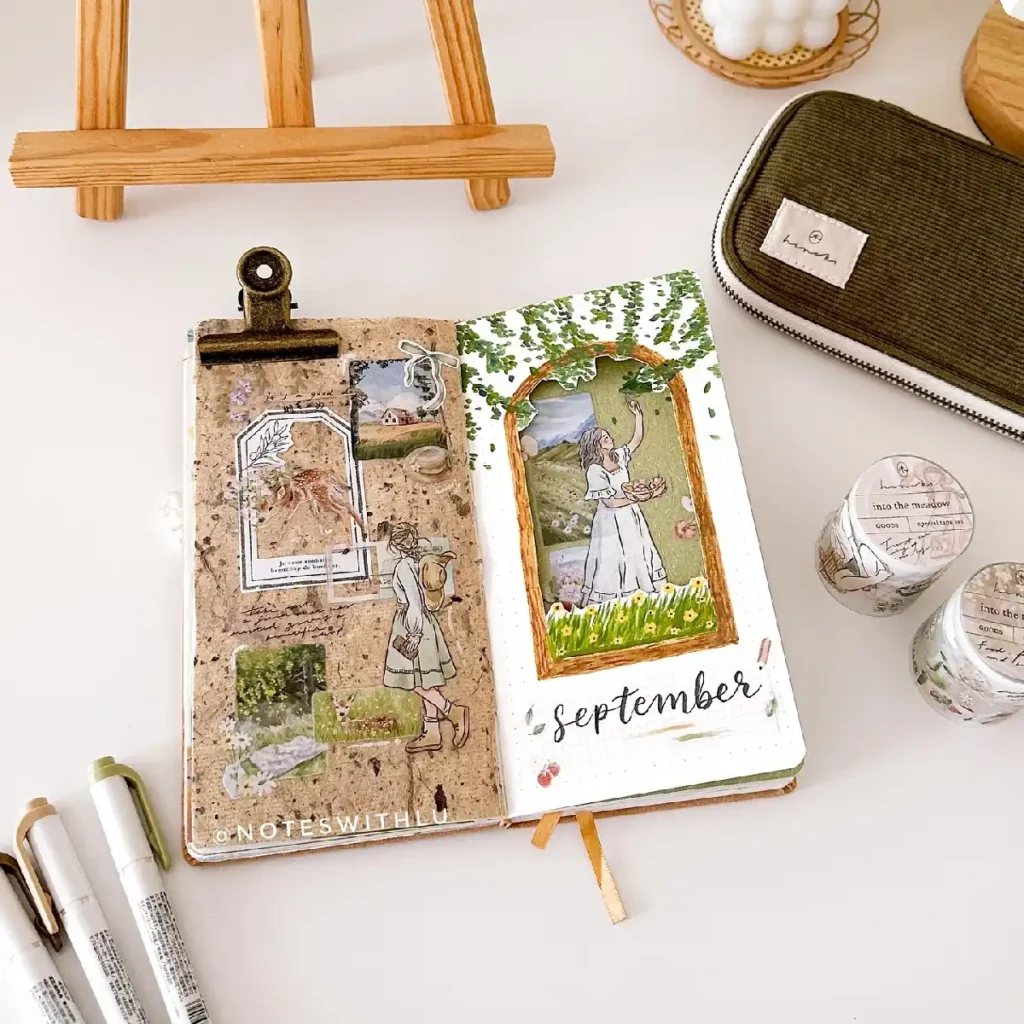 Artistic journal spread for September, featuring illustrations, washi tape, and nature-inspired designs. Perfect for planners!