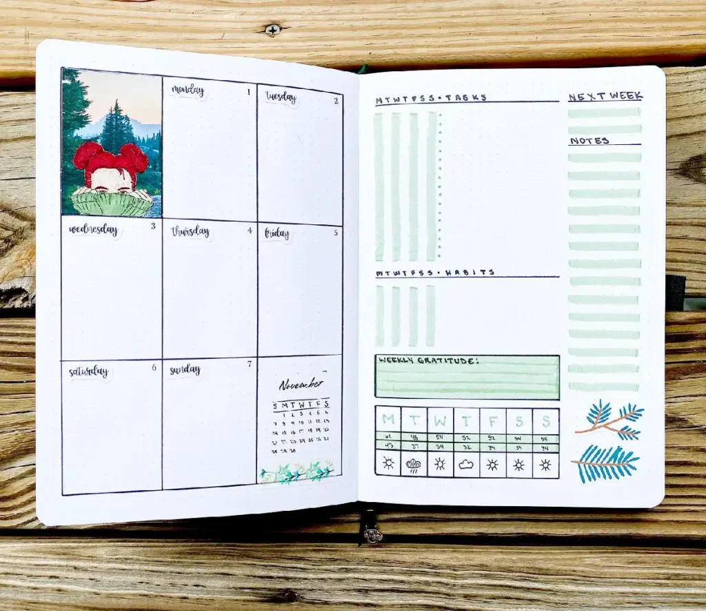 Aesthetic bullet journal layout with monthly planner, gratitude section, and habit tracker on a wooden surface.