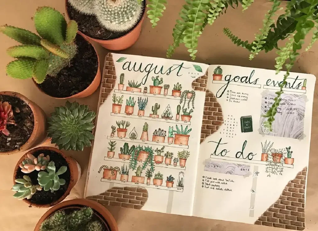 Aesthetic bullet journal page for August showcasing goals, events, and illustrated potted plants. Perfect for inspiration!