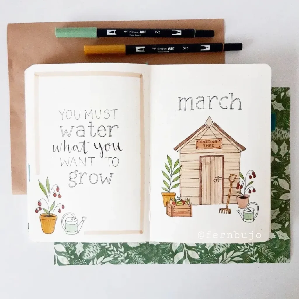 Bullet journal page for March featuring a motivational quote about growth and a hand-drawn potting shed illustration.