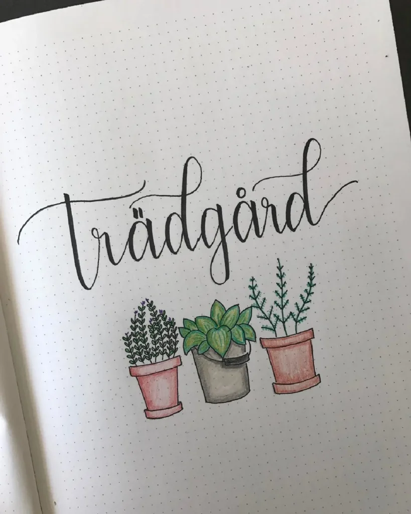 Hand-drawn 'Trädgård' illustration featuring colorful potted plants in a bullet journal style.