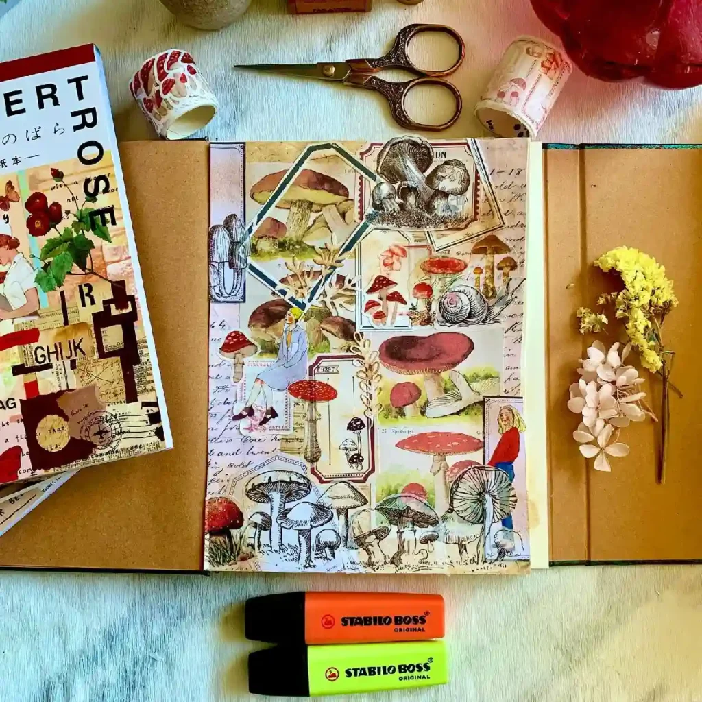 Creative workspace featuring a collage of mushrooms, flowers, and stationery for artistic inspiration.