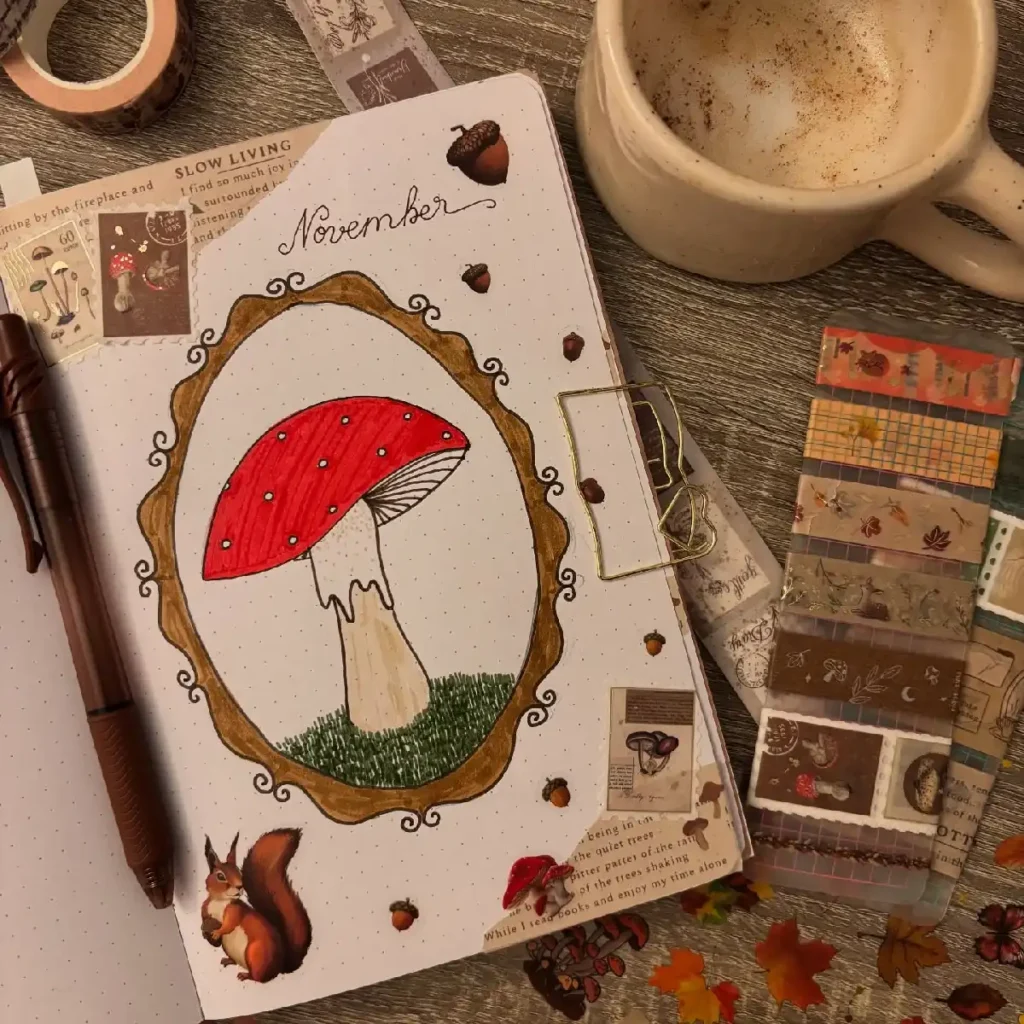 November journal page featuring a hand-drawn red mushroom, squirrel illustration, and decorative washi tape.