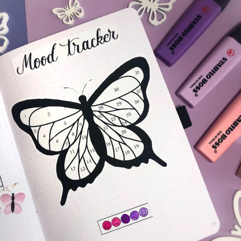 Black and white butterfly mood tracker in a bullet journal with colorful highlighters on a purple background.