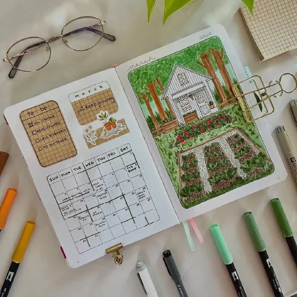 A bullet journal page for March 2025 featuring a garden illustration, to-do list, and weekly planner, with art supplies.