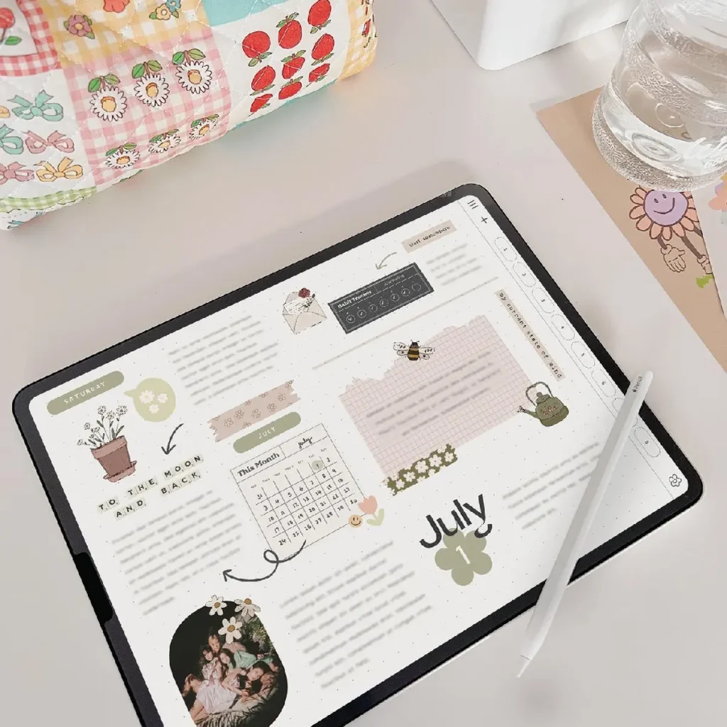 Digital planner displayed on a tablet, featuring July calendar, notes, and decorative stickers on a minimalist workspace.