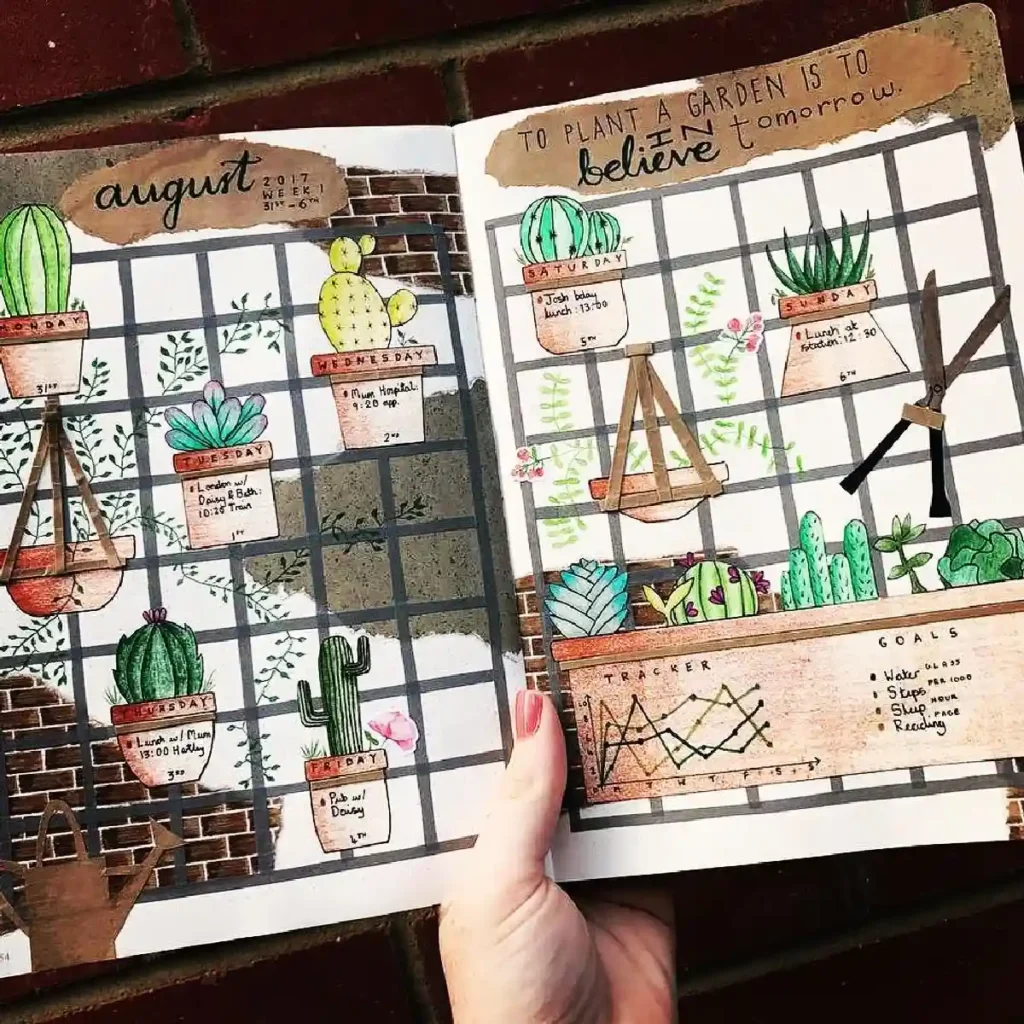 Colorful bullet journal spread for August 2017, featuring a plant tracker, goals, and creative illustrations of cacti.