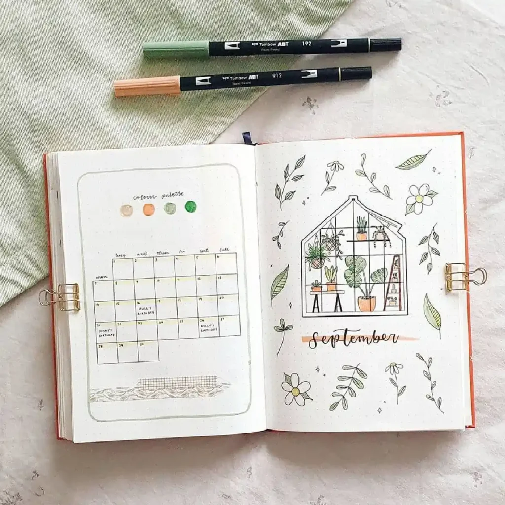 Alt text: Bullet journal open to September page with a calendar and a decorative house illustration filled with plants.
