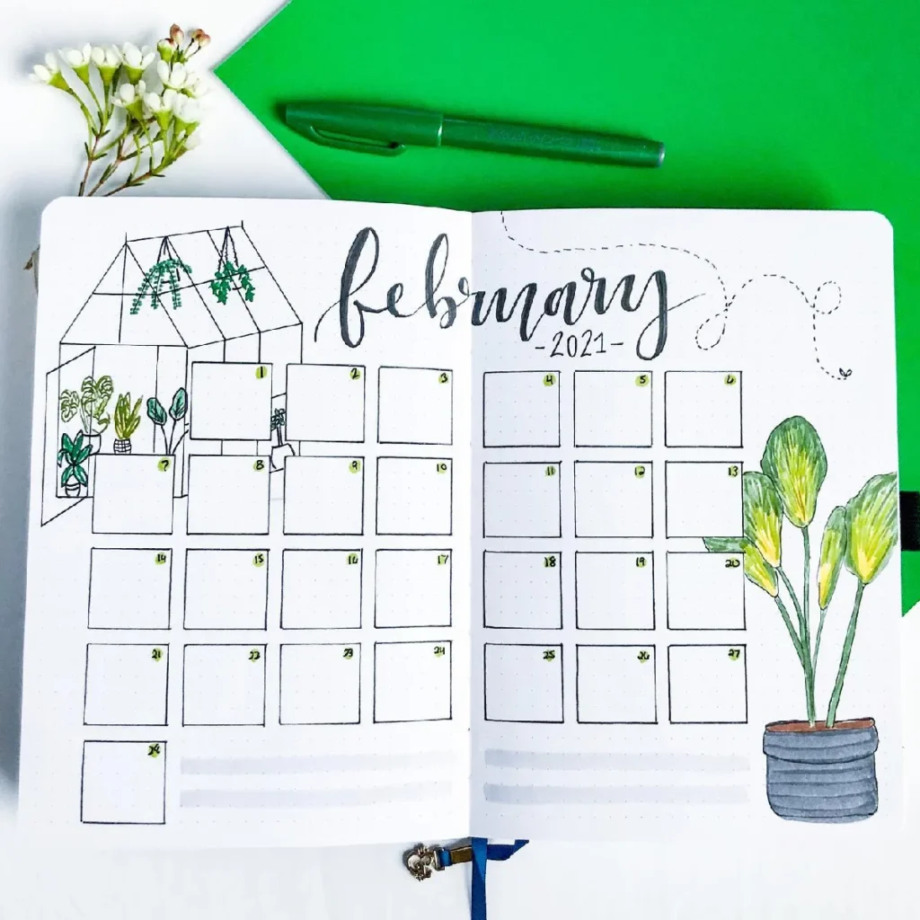 A bullet journal page for February 2021 featuring a calendar and hand-drawn plants in a greenhouse style.