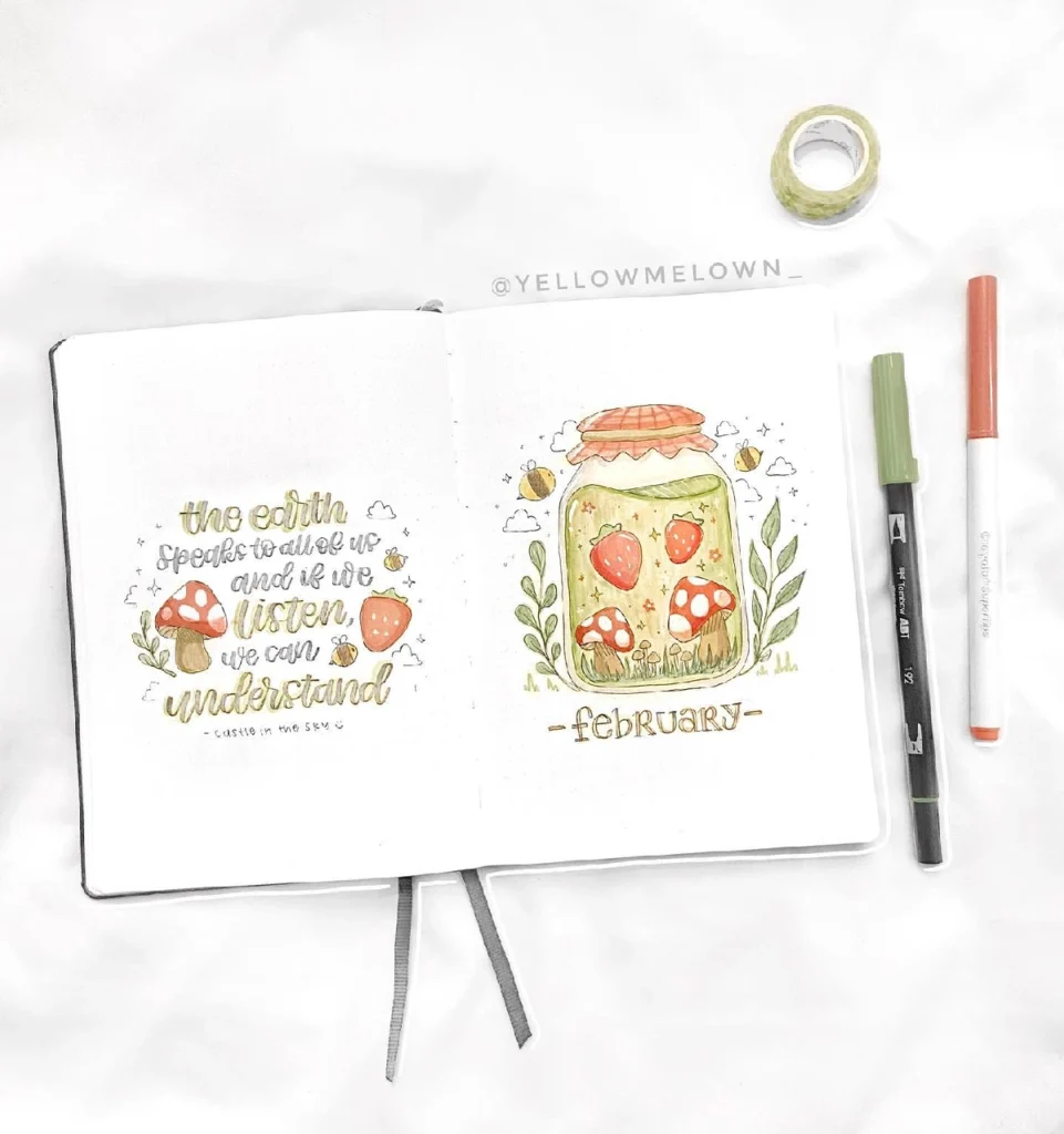 Illustration of a bullet journal page for February featuring mushrooms, strawberries, and a quote about nature's wisdom.