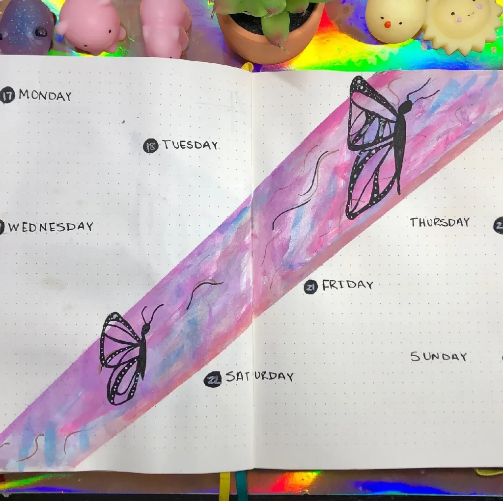 A colorful bullet journal layout for a week, featuring butterflies and handwritten day labels, on a vibrant background.