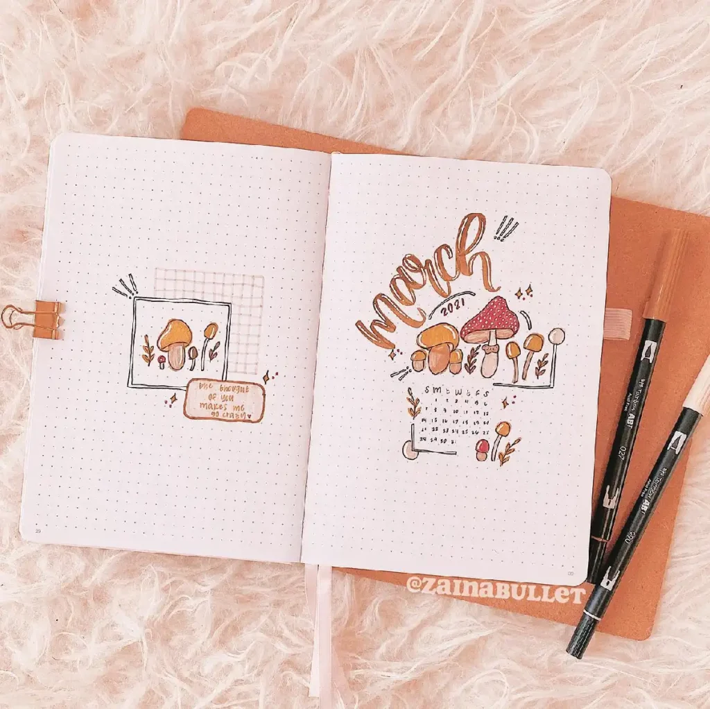 Hand-drawn bullet journal spread for March 2021, featuring mushrooms, a calendar, and decorative elements.