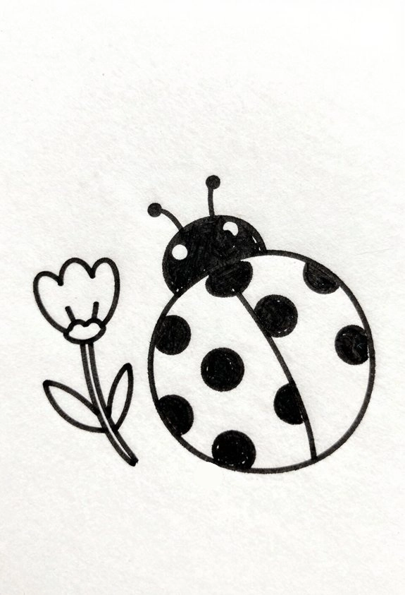 Cute black and white illustration of a ladybug next to a flower on a textured background. Perfect for nature themes.