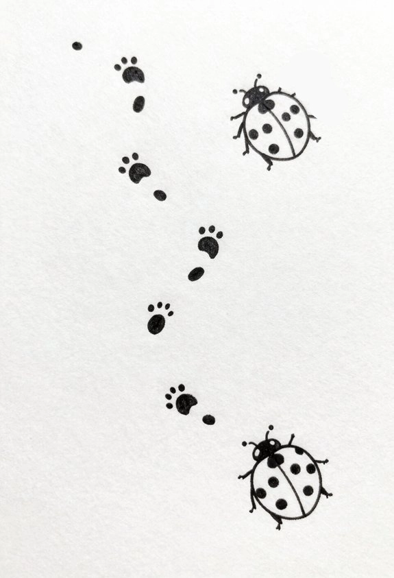 Black ink illustration of ladybug and paw prints on white paper, creating a whimsical nature scene.