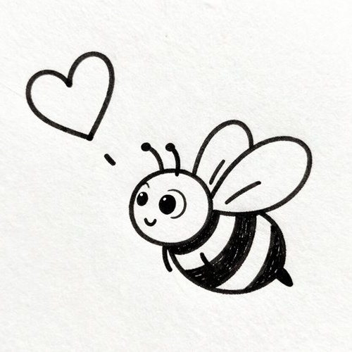 Cute cartoon bee flying with a heart above, symbolizing love and positivity in a playful illustration.