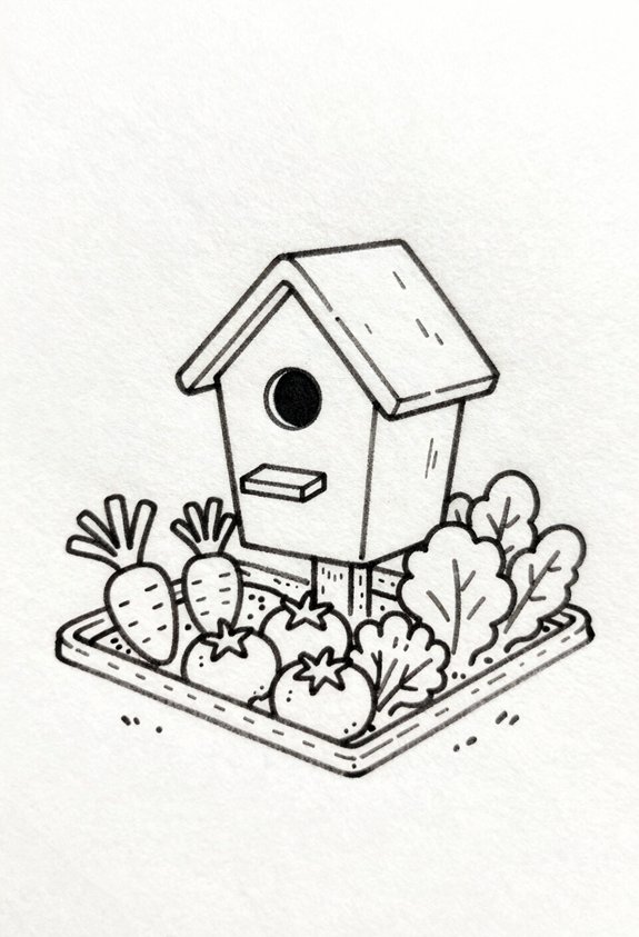 birdhouse enhances vegetable garden
