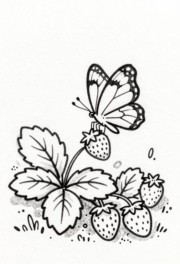 butterfly pollinates strawberry flowers