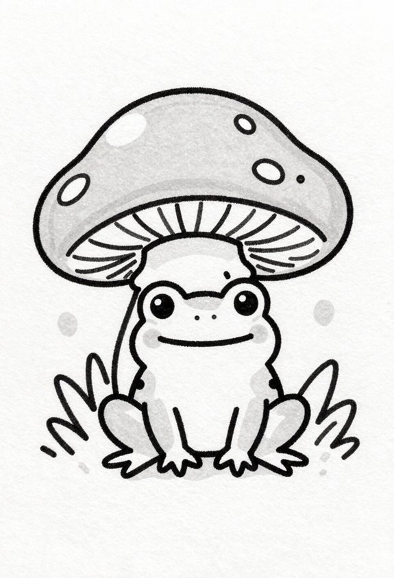 cozy frog beneath mushroom
