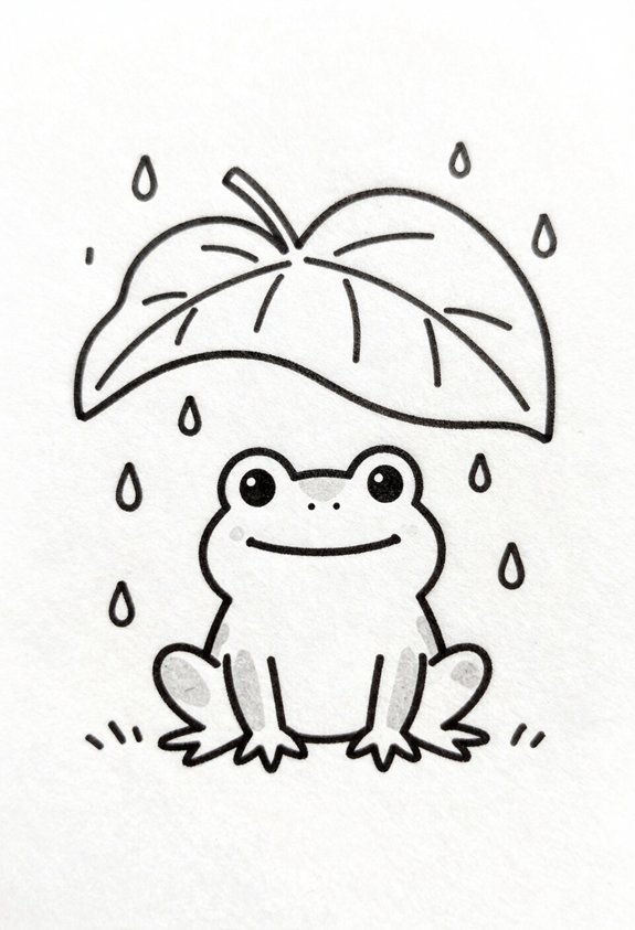 frog sheltered under leaf