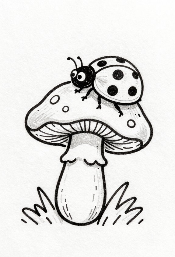 ladybug ascending mushroom stem