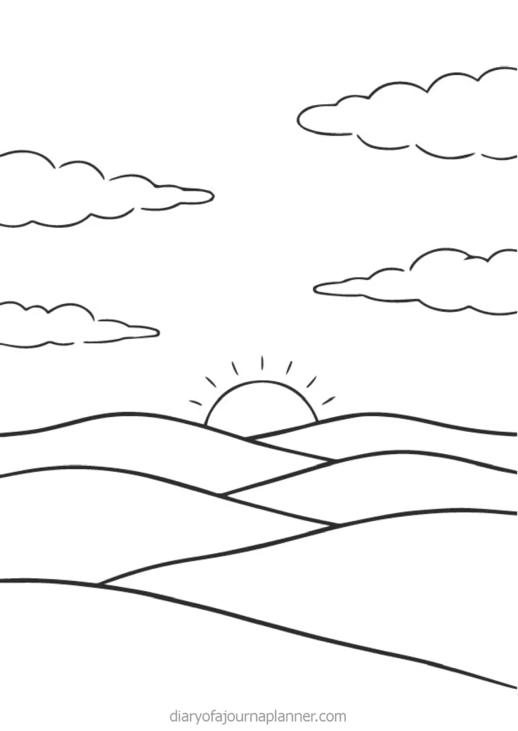 Black and white landscape illustration featuring rolling hills, clouds, and a rising sun. Ideal for coloring or journaling.