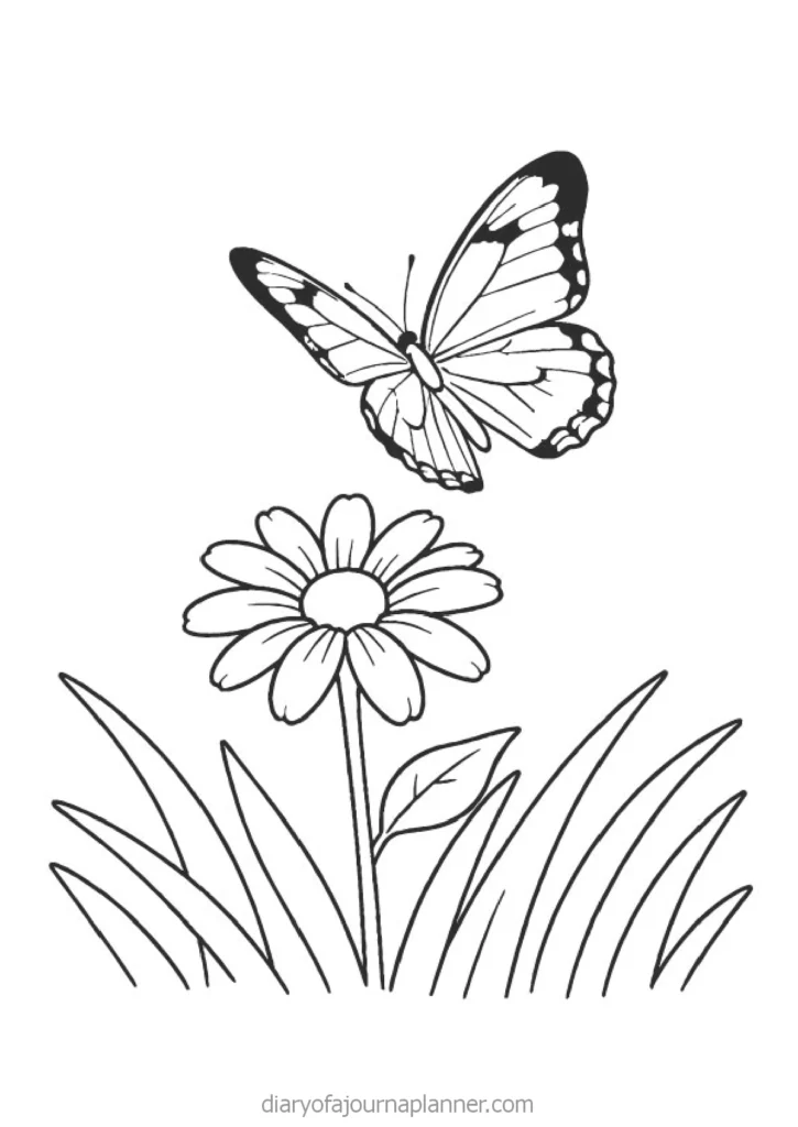 A delicate butterfly hovering above a daisy flower, surrounded by lush grass. Perfect for nature-inspired art.