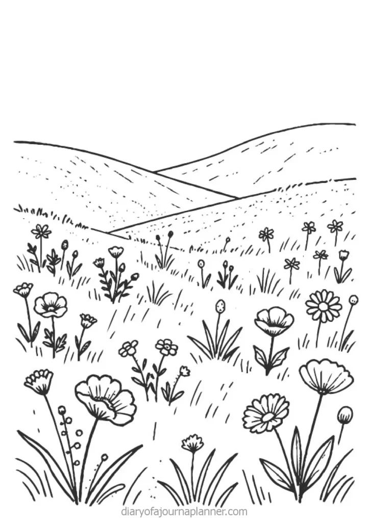 Black and white illustration of a scenic landscape with rolling hills and various wildflowers in a grassy field.