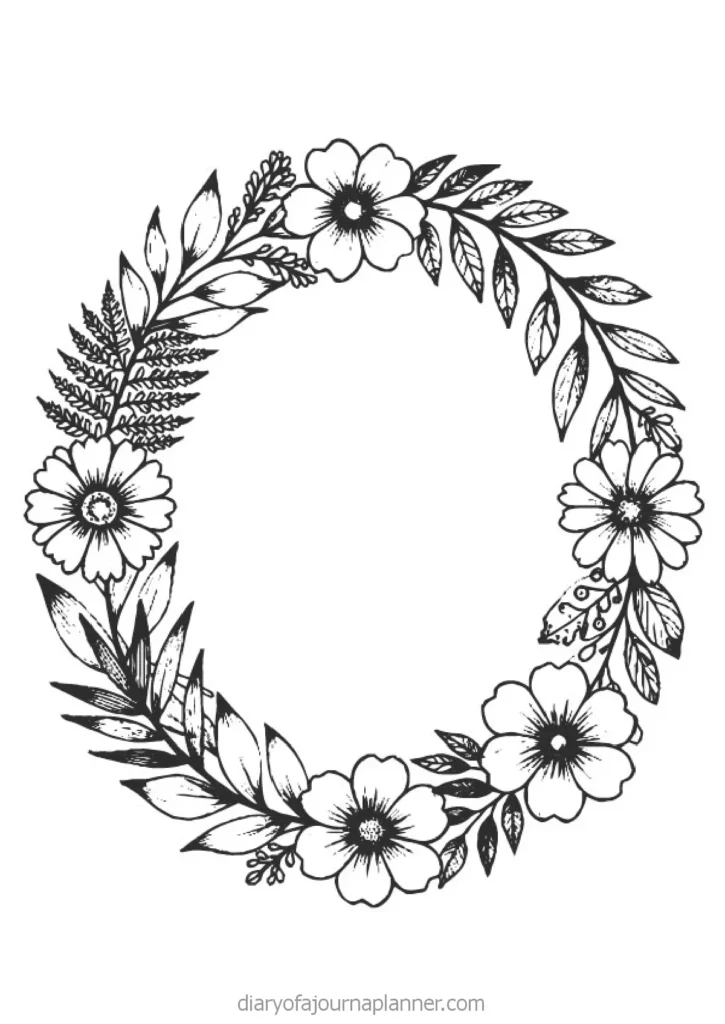 Black and white floral wreath illustration featuring various flowers and leaves, perfect for decorative purposes.