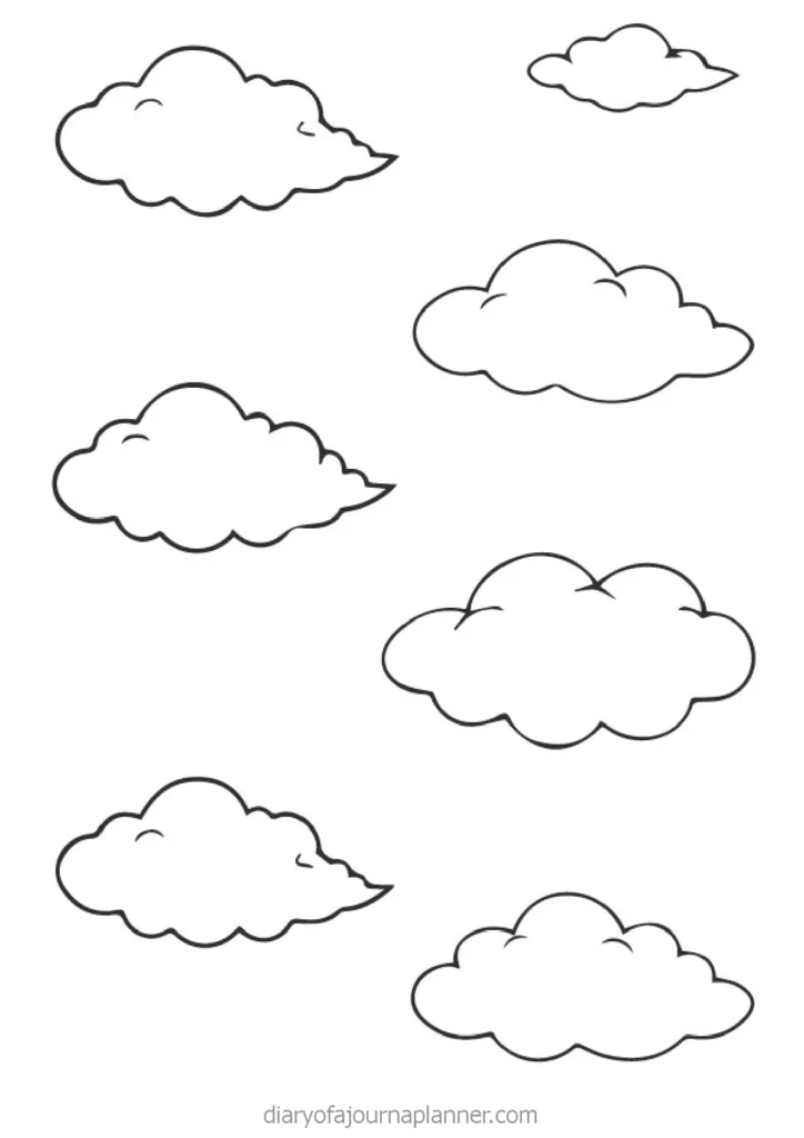 A collection of hand-drawn cloud illustrations in various shapes and sizes on a white background.