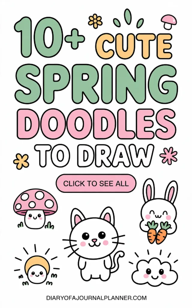 Colorful graphic with cute spring doodles featuring a cat, bunny, mushroom, and cheerful elements; great for drawing inspiration.