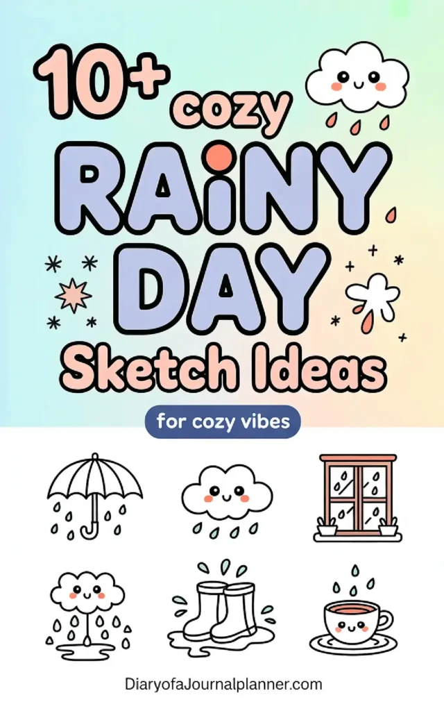 10+ cozy rainy day sketch ideas featuring cute clouds, umbrellas, and cozy vibes for inspiration.