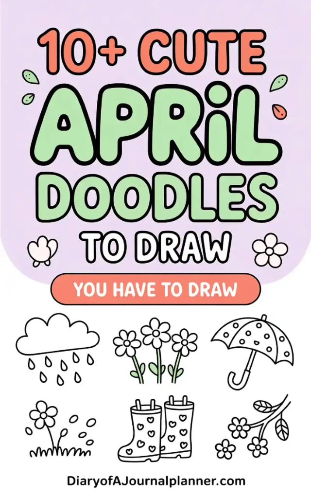 Colorful April doodles featuring flowers, rain, umbrellas, and boots, perfect for creative drawing inspiration.