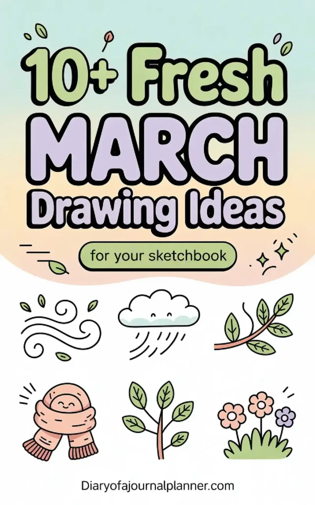 10+ fresh March drawing ideas for sketchbooks featuring seasonal themes like rain, flowers, and cozy scarves.