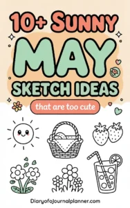 Colorful May sketch ideas featuring a sun, basket, flowers, strawberries, and a drink for creative inspiration.